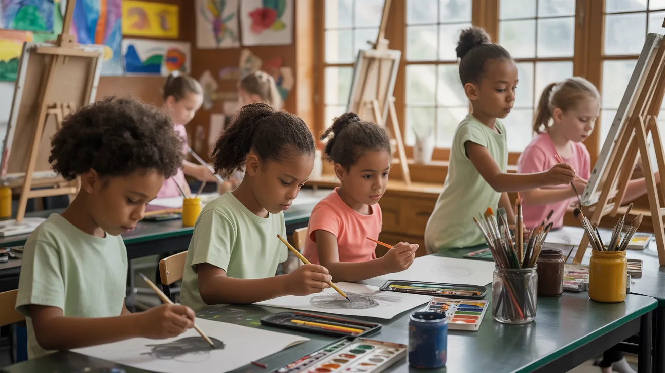 Illustration of children drawing and painting in an arts studio