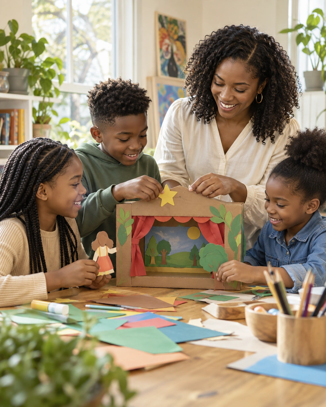 Illustration of children building a miniature theater with an instructor