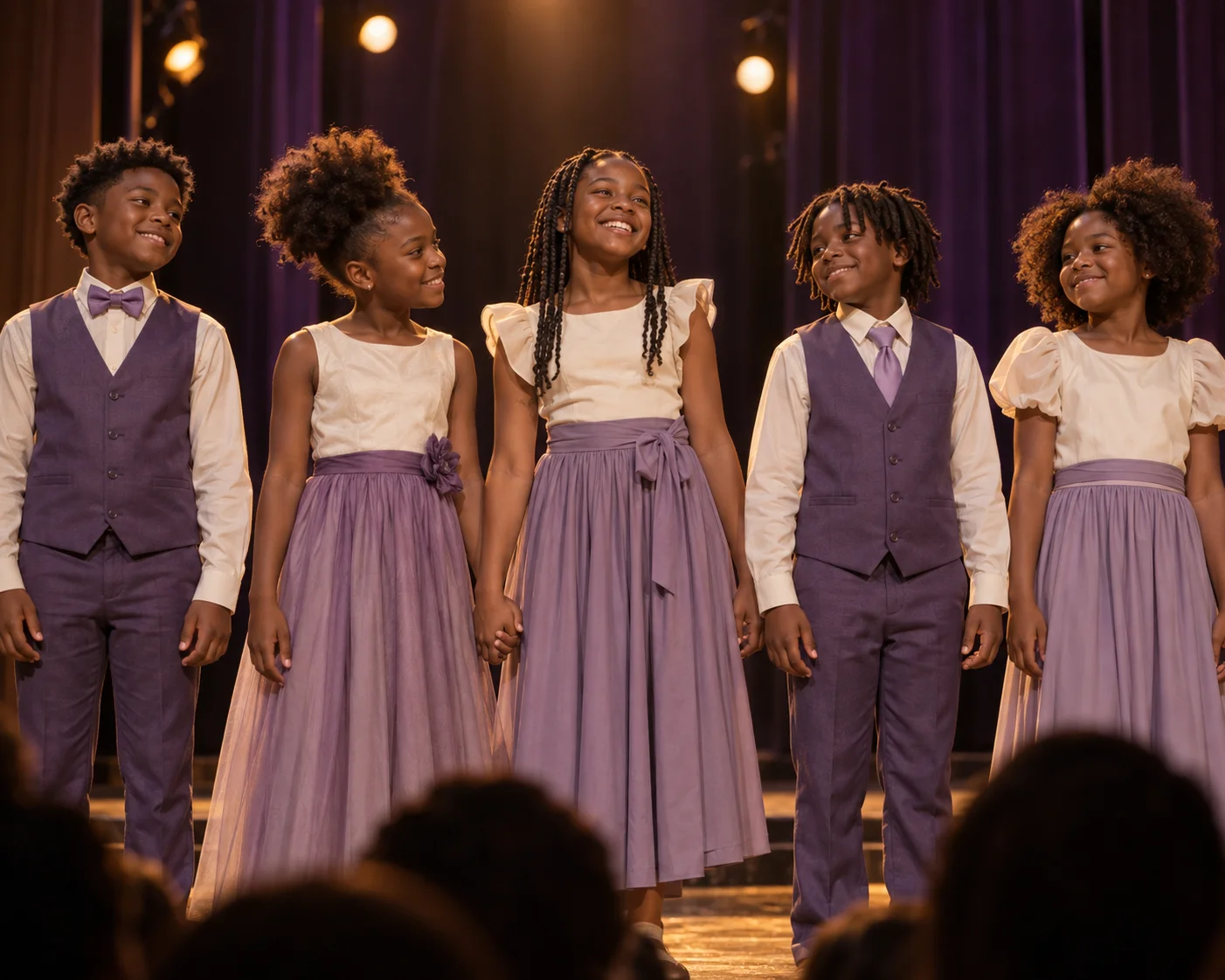 Illustration of young performers together on a lit stage