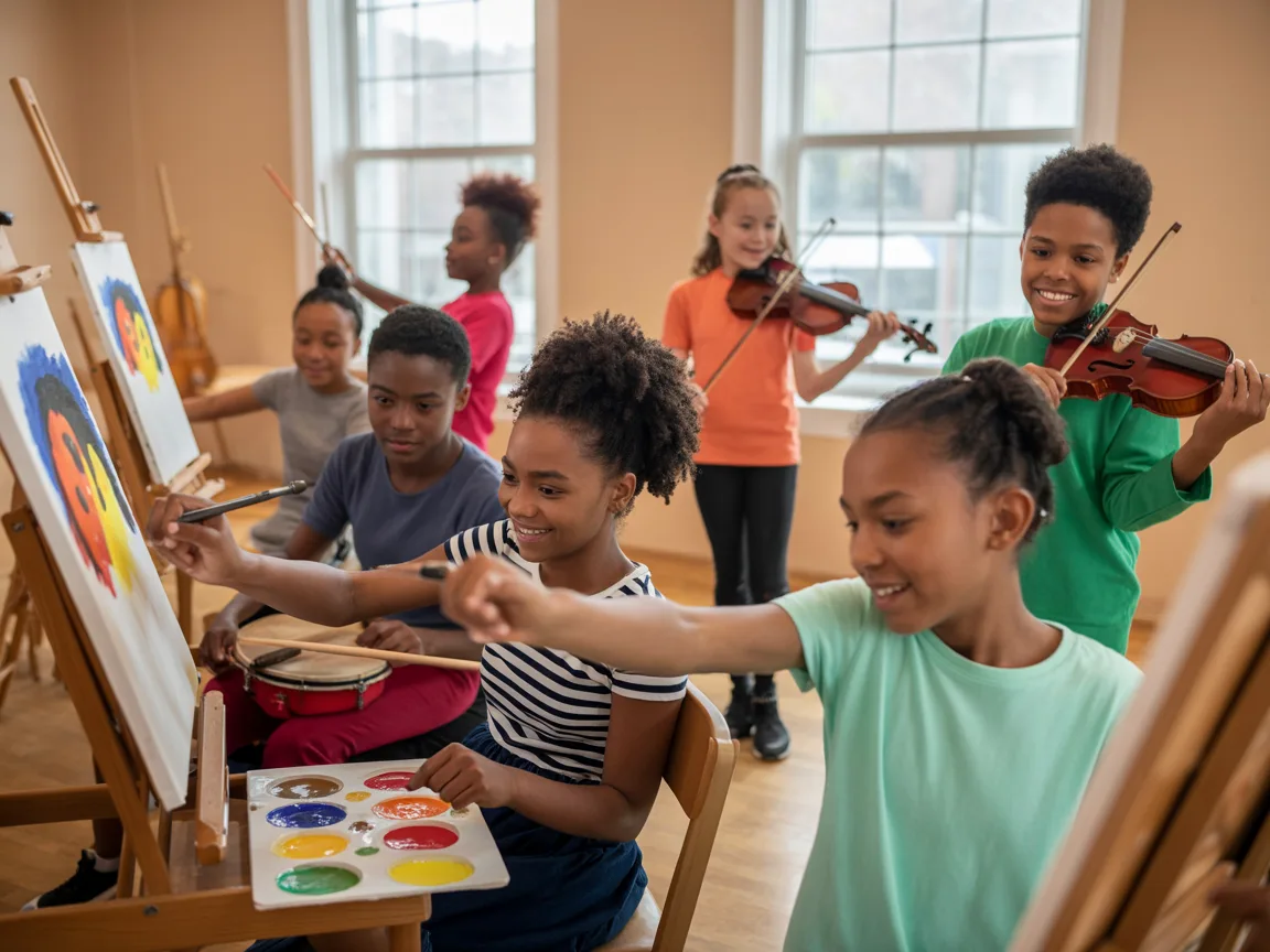 Illustration of children exploring painting together